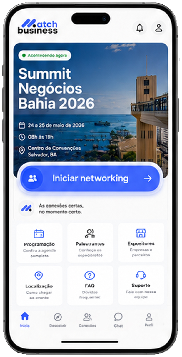 Tela real do Match Business: Summit Negócios Bahia 2026, Iniciar networking, Programação, Palestrantes e Expositores