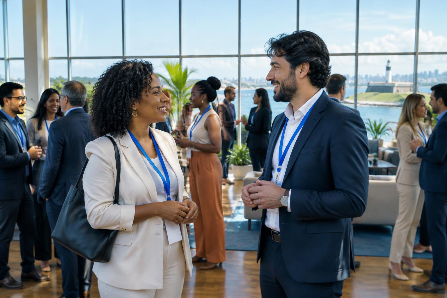 Profissionais fazendo networking em um evento corporativo